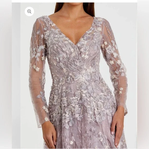 MWT MAC DUGGALEMBROIDERED LACE WRAP OVER ILLUSION LONG SLEEVE LILLAC GOWN